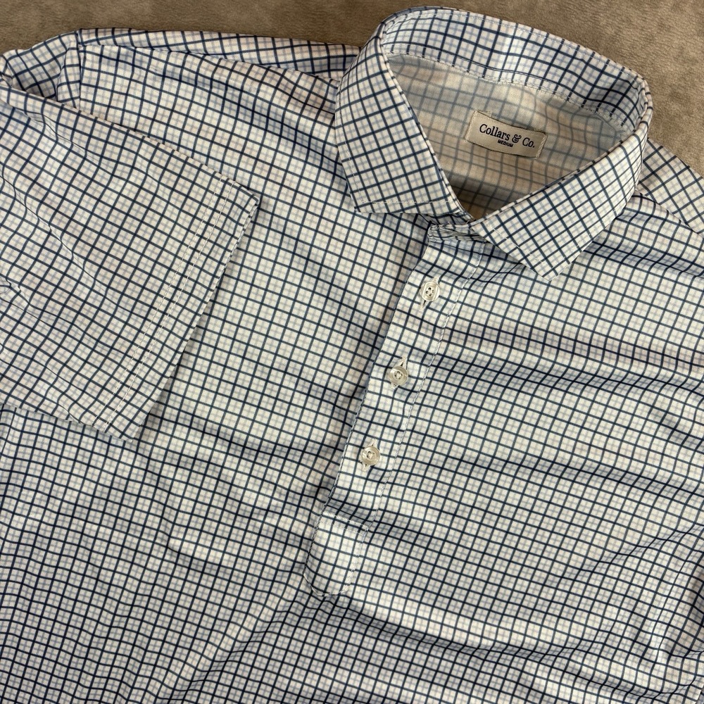 Collars & Co Polo Shirt Mens M Blue Gingham Houndstooth Preppy Workwear NEW